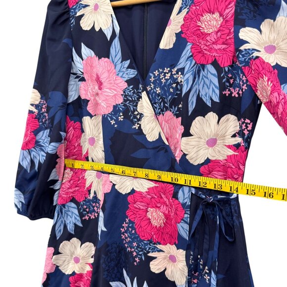 Eliza J Floral Faux Wrap Midi Dress Navy Blue Multi 3/4 Sleeve Lined Size 4 - Picture 13 of 13